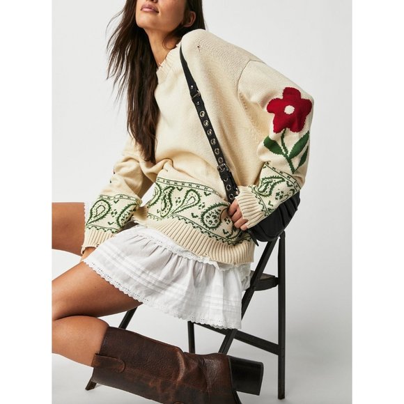 Free People Profound Floral Knit Paisley Distressed Sweater Ivory